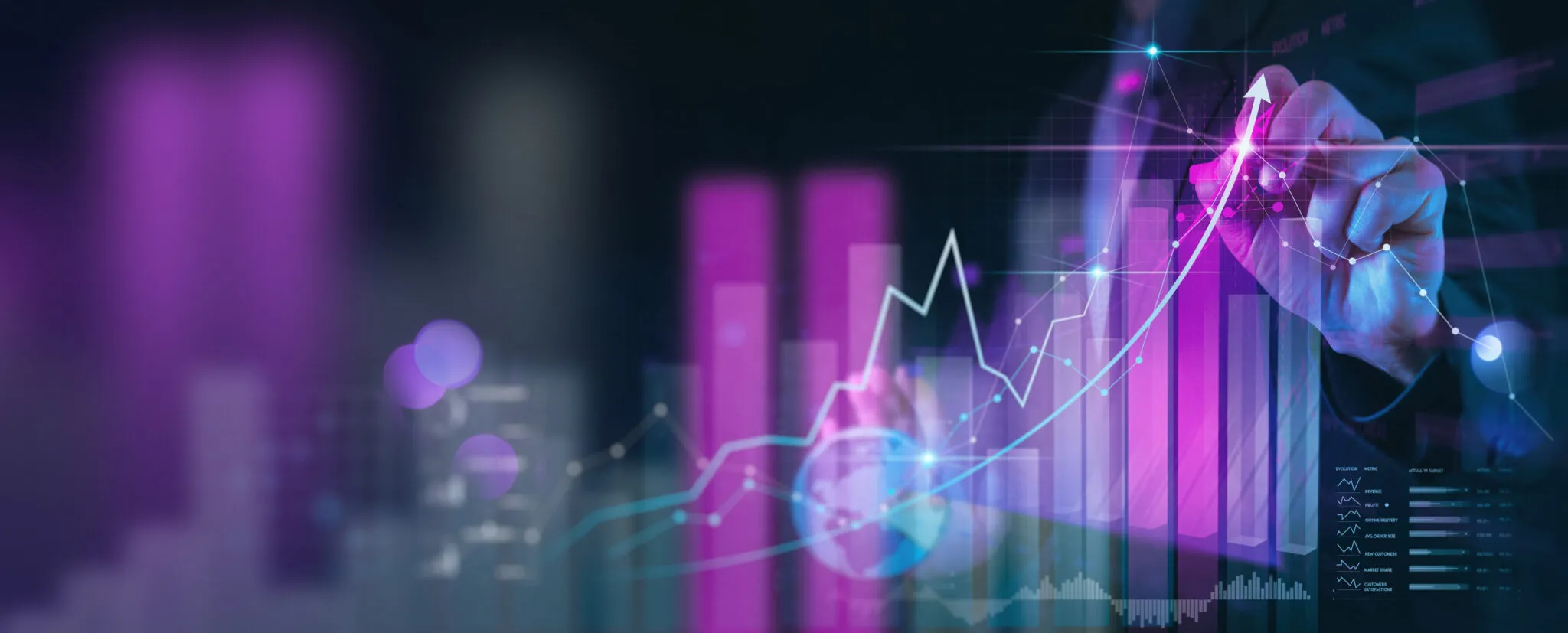 A digital illustration of bar graphs and a plotted chart, all arrows point up signifying growth. A hand is using a pen to point to the highest peak of projected growth.