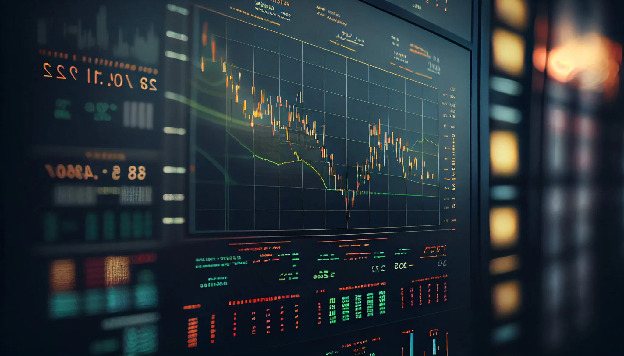 A digital illustration of a stock market trading investment candlestick graph.