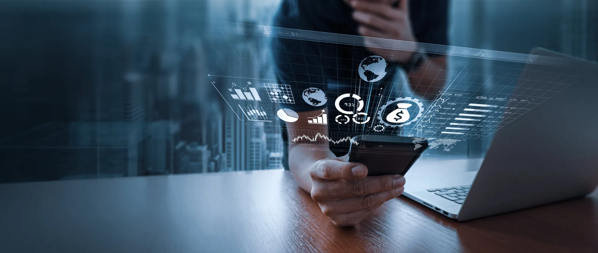 Someone holding a mobile phone and looking at its contents while holding their chin thoughtfully. Above the phone is a digital illustration featuring icons of the world, numbers, money, and more to imply the information the person is looking at.