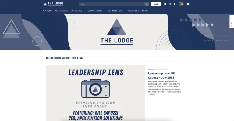 Screenshot of the front page of the Lodge, the PEAK6 internal communication system.